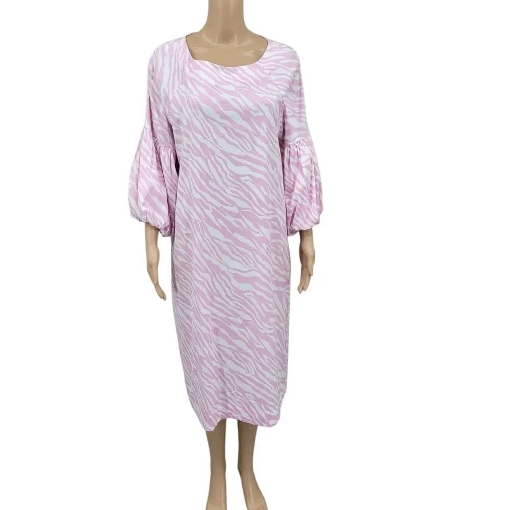 Chico's Dress Pink Zebra Print Ballon Sleeve Midi Dress Poplin Stretch NEW - Picture 1 of 16